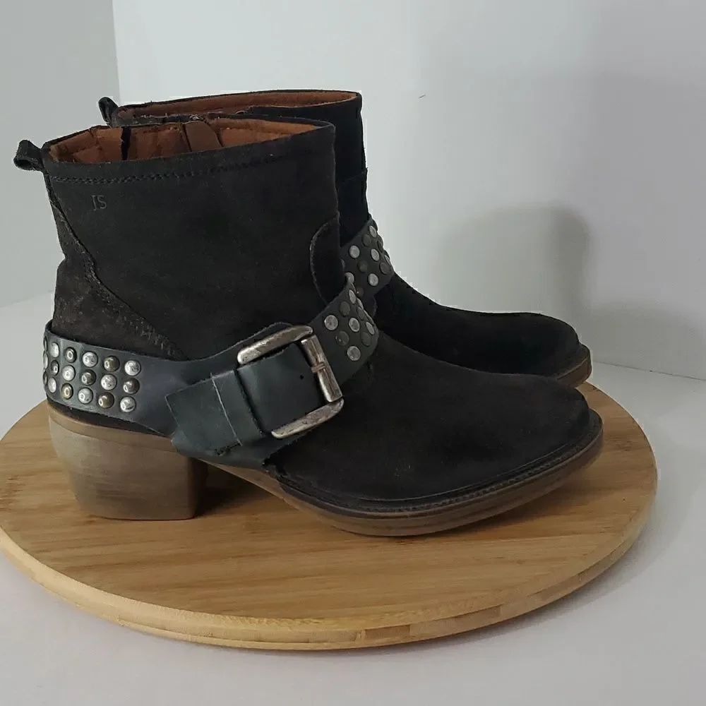 Josef Seibel Toni Studded Harness Suede Side Zip Booties Black Silver Size EU 38